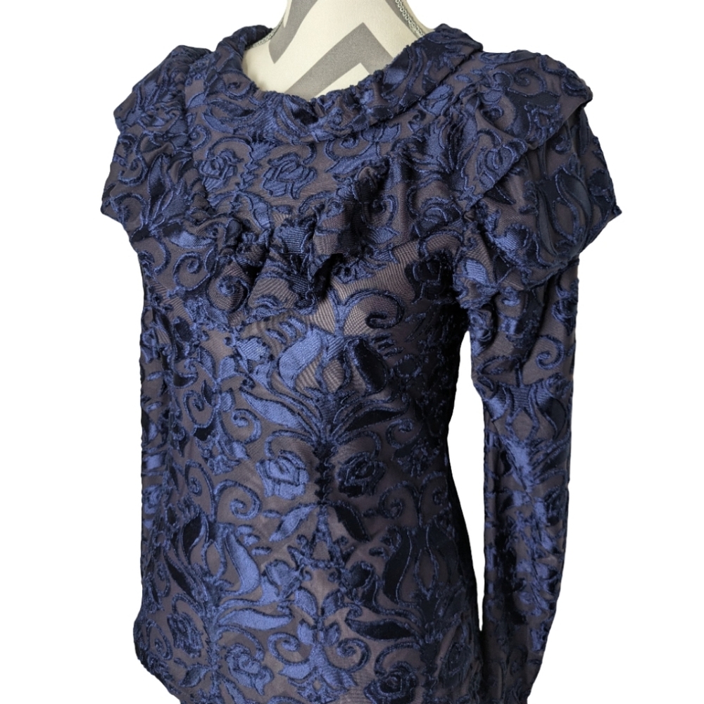 Luminary Women's Top Small Elegant Blue Velvet Victorian Jacquard Long Sleeve - Picture 5 of 10